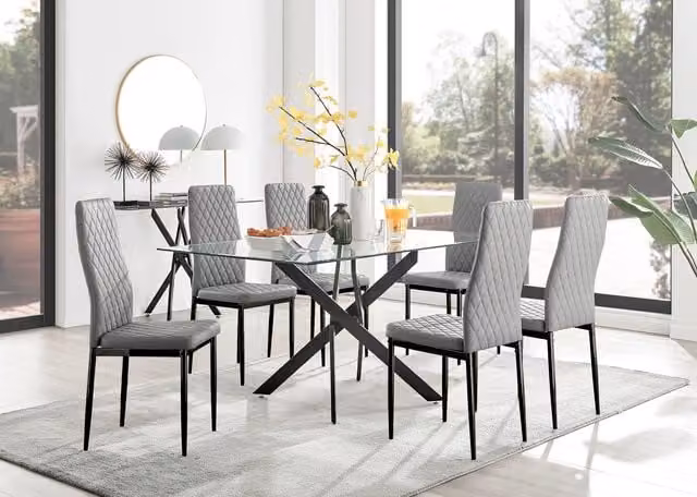 FurnitureboxUK Leonardo Glass Dining Table with 6 Milan Grey Chairs and Black Legs