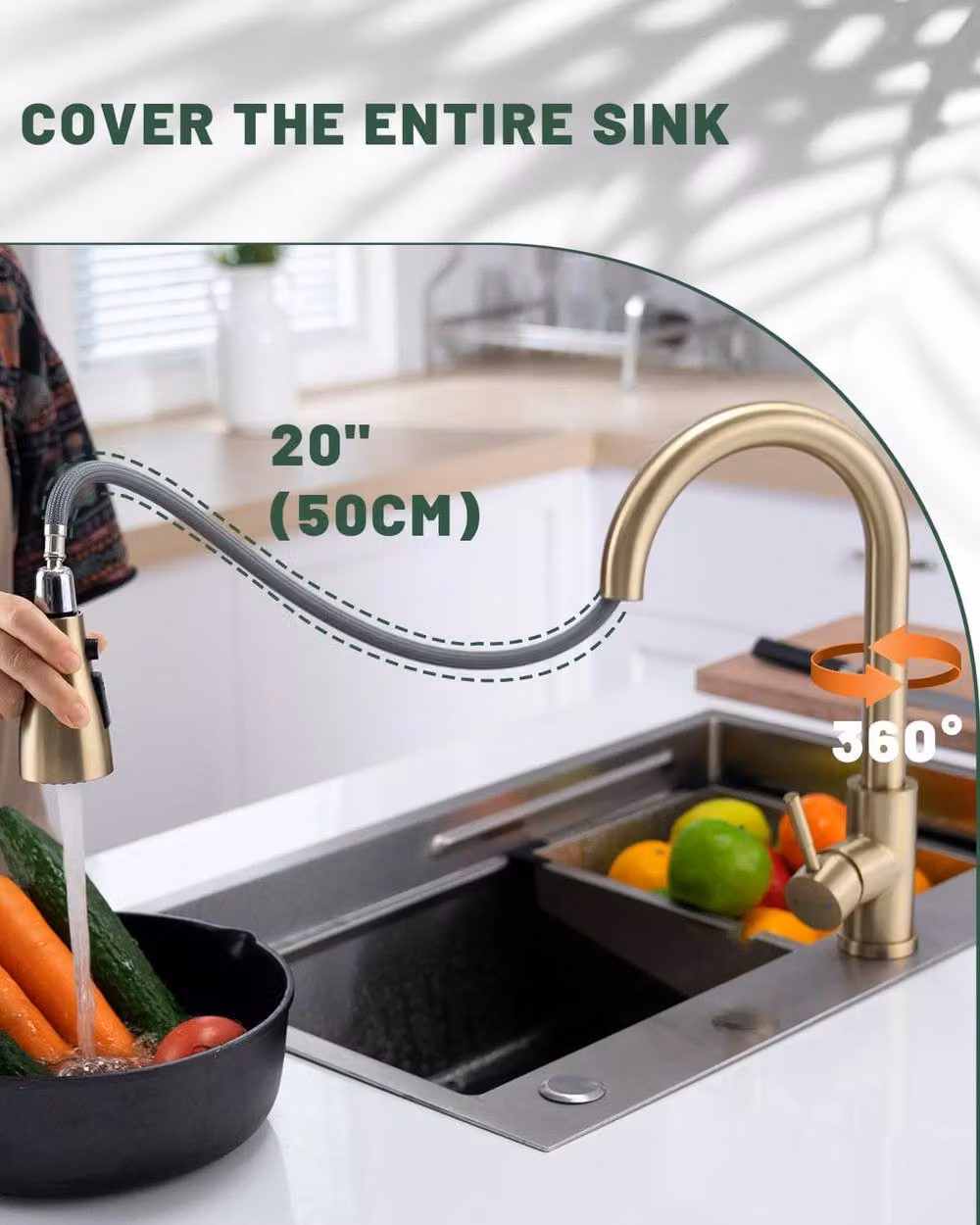 JANLEMNY Brushed Gold Kitchen Mixer Tap with 3-Function Pull-Out Spray and Swivel Spout – 4