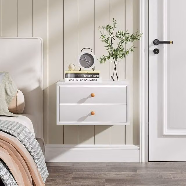 Lifeideas Wall Mounted Floating Bedside Table with Two Drawers in White