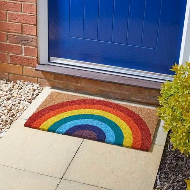 Garden Mile Heavy Duty Rectangular Coir Door Mat in Brown and Multicolour Rainbow Graphic