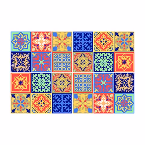 WALPLUS Mara Multicolour Geometric Wall Tile Stickers, 24pcs, 15 x 15 cm