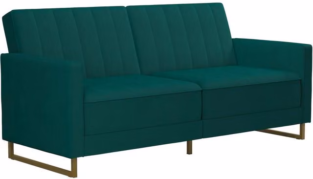 Novogratz Skylar Modern Sofa Bed in Green Velvet with Gold Metal Accents