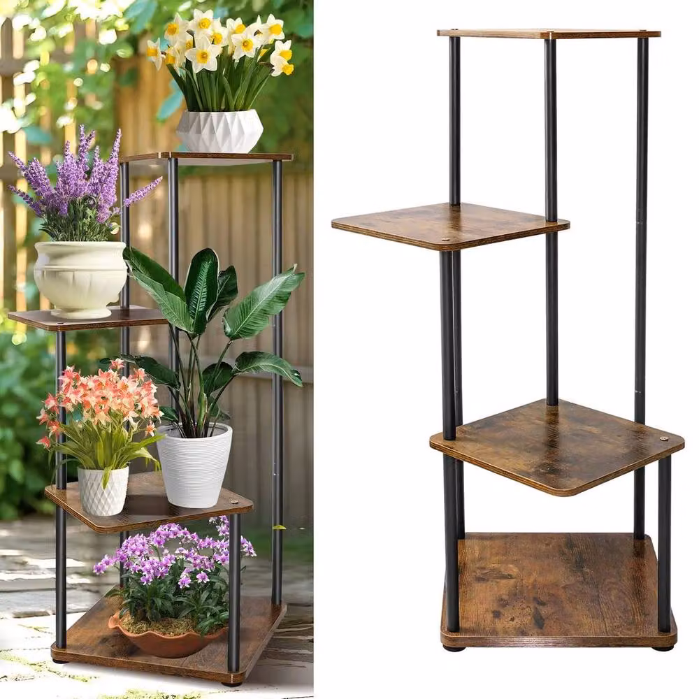 KORVIXA 4 Tier Industrial Metal and Wood Plant Stand Flower Pot Display Rack in Brown – 3