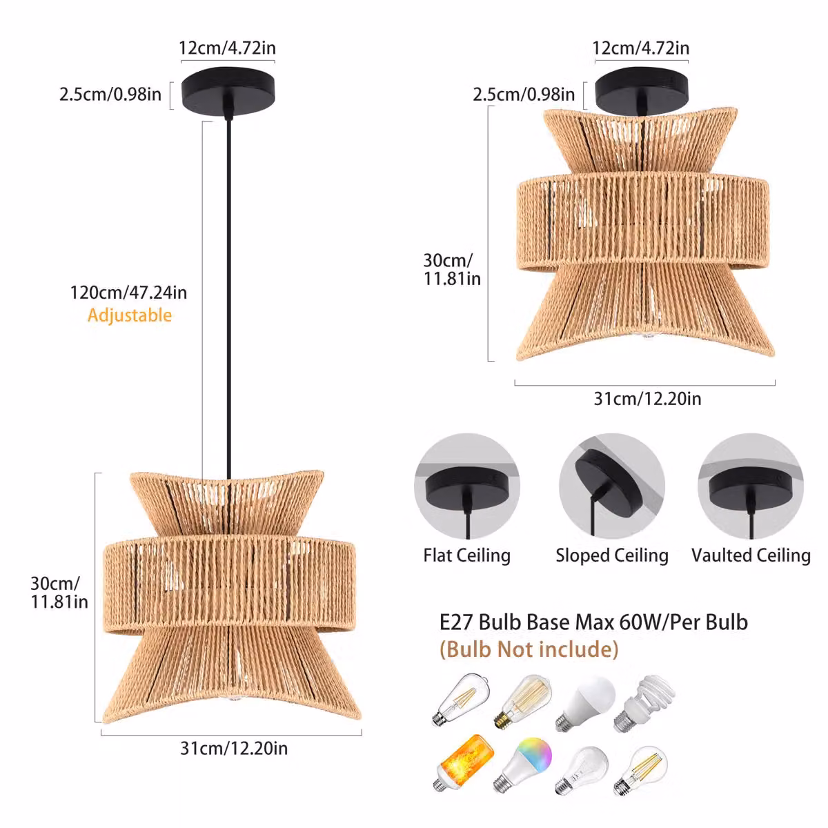 Garwarm Boho Geometric Rattan Pendant Light in Light Brown – 3