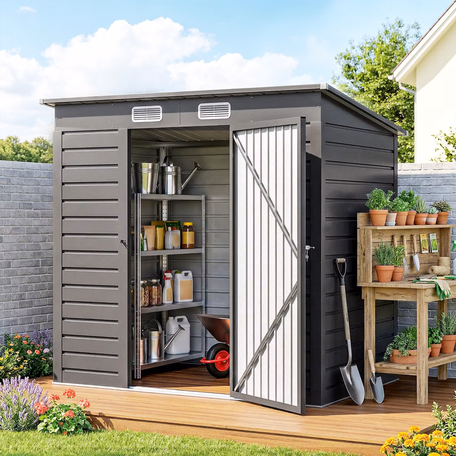 Outsunny Grey Galvanised Metal Pent Garden Shed with Locking Single Door and Ventilation Slots W/D/H: 121.92 x 131.07 x 161.0 cm – 2