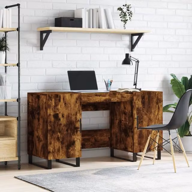 Berkfield Writing Desk in Smoked Oak and Brown, W/D/H: 140 x 50 x 75 cm