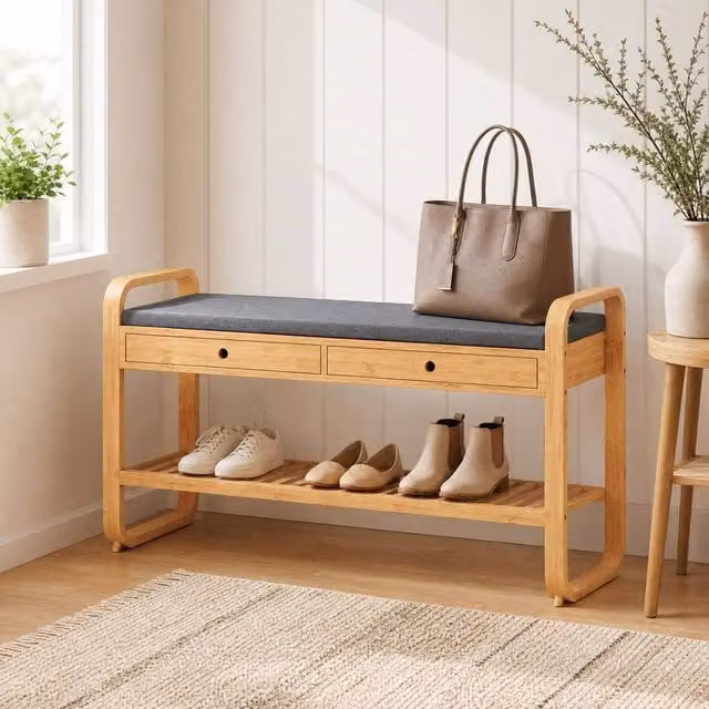 STILVORA Shoe Storage Bench with 2 Drawers and Cushioned Seat in Sand and Natural Wood – 1