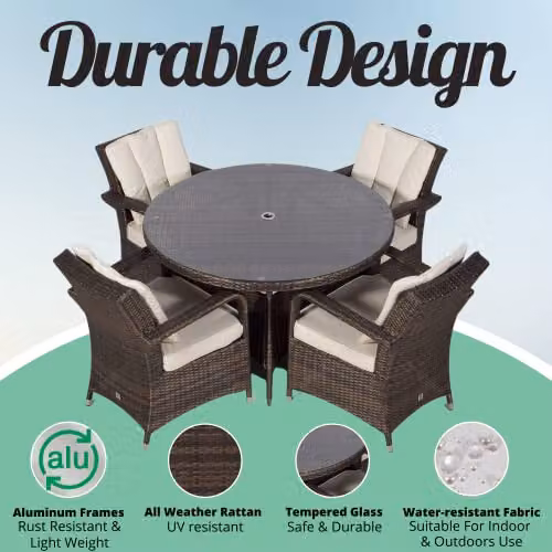 Thats Furniture Arizona 4 Seater Round Rattan Patio Dining Set in Brown with Powder Coated Aluminium Frame, Diameter: 120 cm – 3