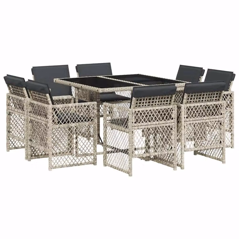 Berkfield Home 9 Piece Modern Garden Dining Set with Light Grey Poly Rattan and Glass Tabletop – 2