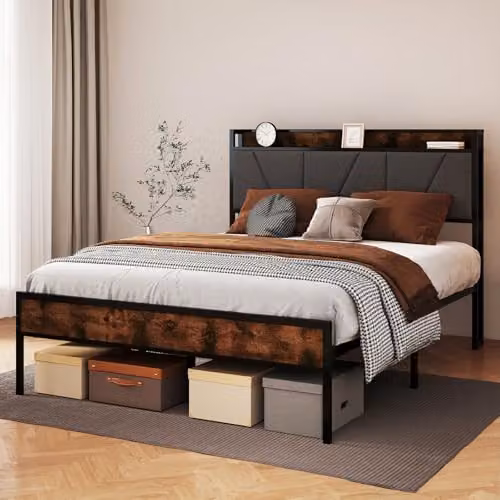 Levede Rustic Brown Upholstered Bed Frame with Side Compartments and Bedside Shelf, W/D/H: 140 x 200 cm – 7