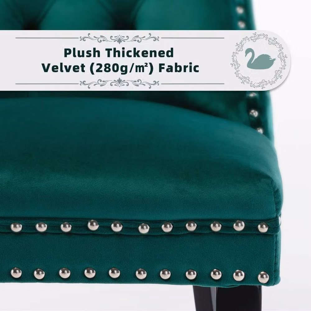 Modern Home Touch Romsey Set of 4 Dark Green Velvet Upholstered Dining Chairs with Oak Legs and Knocker Ring Back – 5