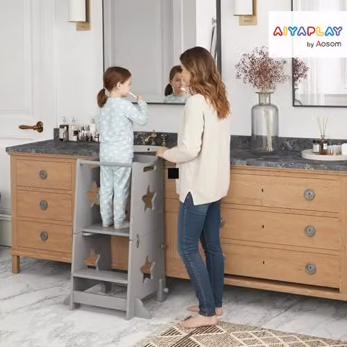 AIYAPLAY 2 in 1 Toddler Step Stool with Safety Rail, Grey, W/D/H: 86.0 x 60.0 x 44.5 cm – 2