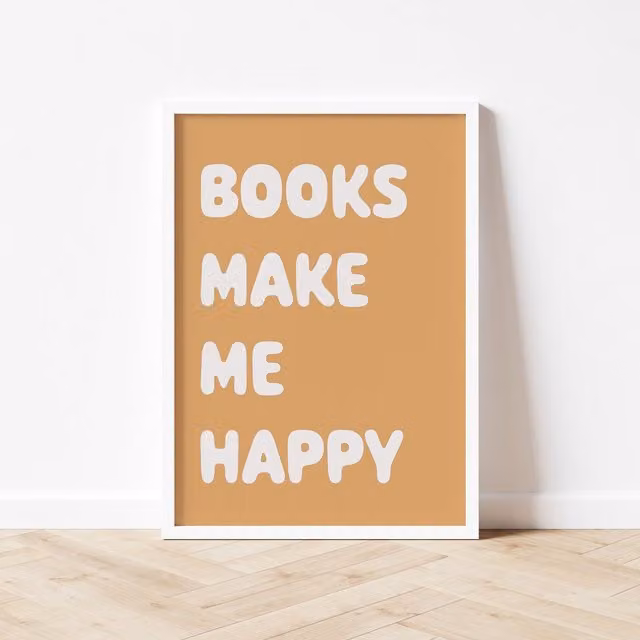 Autumns Corner Books Make Me Happy Typography Print, Mustard Yellow, A4