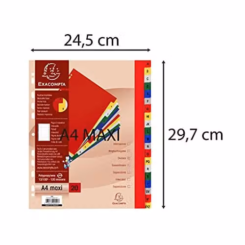 Exacompta A4 Maxi Plastic Dividers with 20 Alphabetical A-Z Coloured Tabs – 4