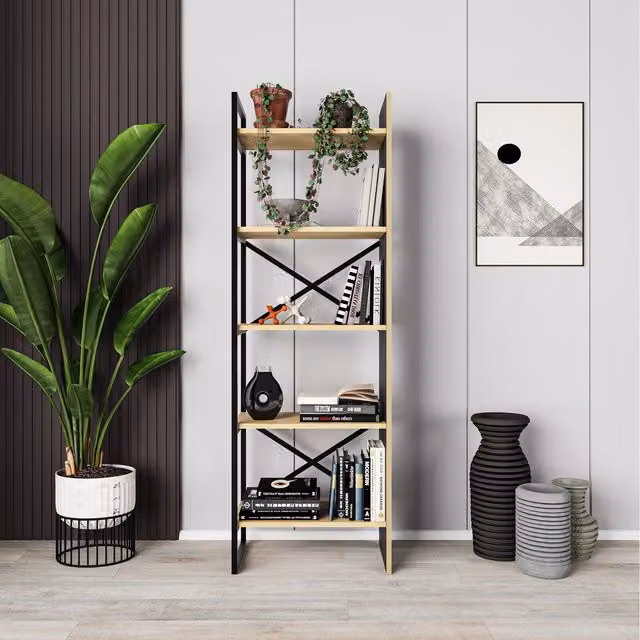 Decortie Detroit Modern 5-Shelf Bookcase with Metal Legs in Oak and Silky Black