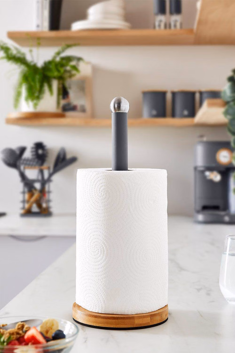 Swan Nordic Scandi Freestanding Towel Pole and Kitchen Roll Holder with Non-Slip Bamboo Base, Grey – 5
