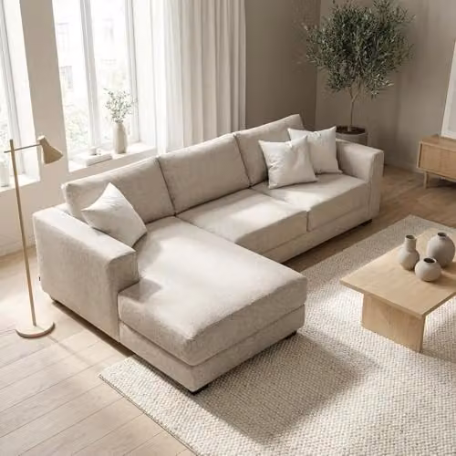 Abakus Direct Kaizer L-Shaped Corner Sofa in Beige Bouclé Fabric, Left Facing – 2
