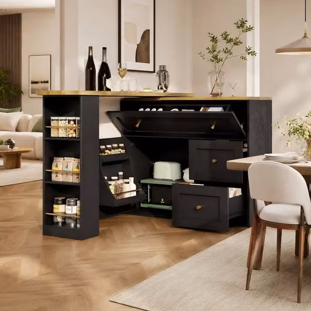 Merax Black Extendable Bar Table with Storage Sideboard Cabinet