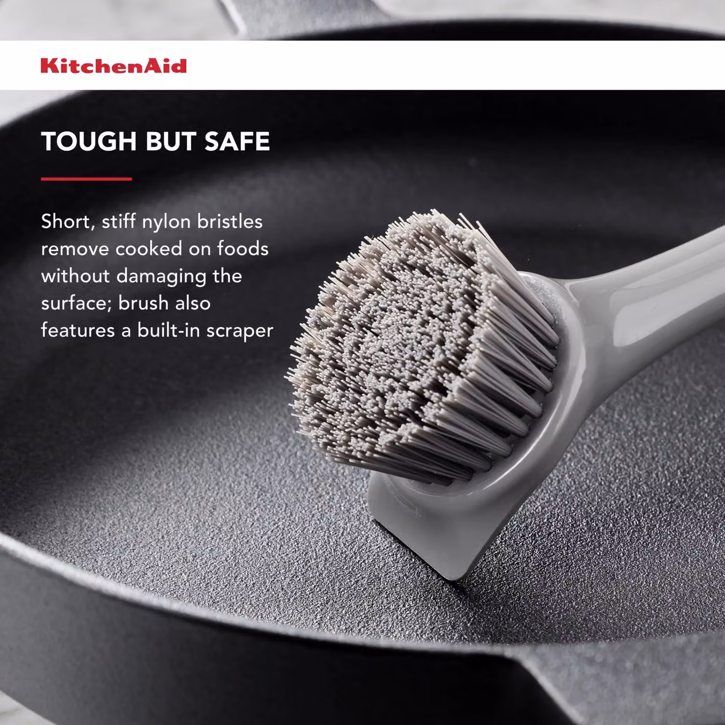 KitchenAid Long Handled Cast Iron Scrubbing Brush with Scraper in Grey – 6