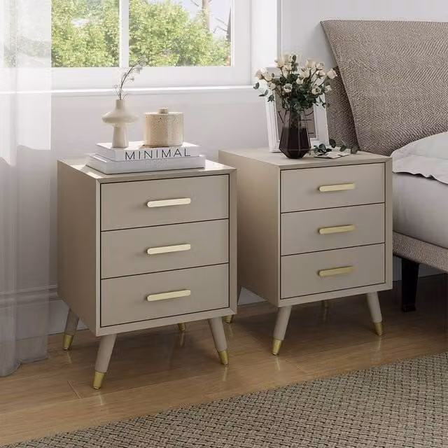 Melody Maison Oslo 3 Drawer Bedside Table in Taupe, Gold and Beige