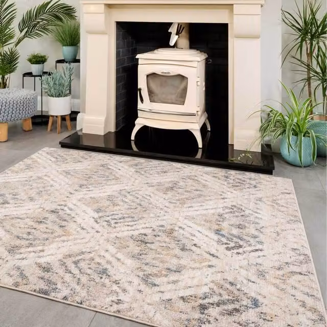 The Rug House Beige and Blue Distressed Diamond Geometric Living Area Rug, W: 290 cm, D: 200 cm