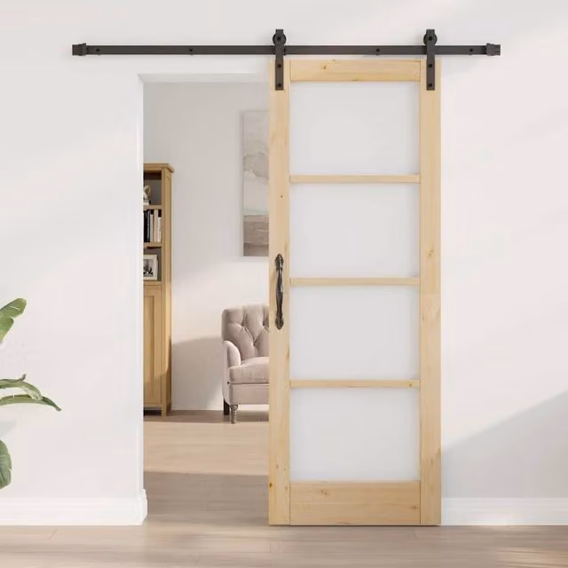 Berkfield Home Orkdal Sliding Door with Hardware Set in Light Brown, Solid Wood and Glass, H: 198.5 cm, W: 73.5 cm – 1