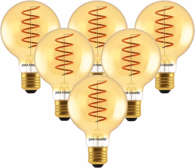 Paul Russells 4W LED G80 Globe Bulb, E27, 250lm, 1800K Extra Warm White, Amber Transparent Filament, Pack of 6