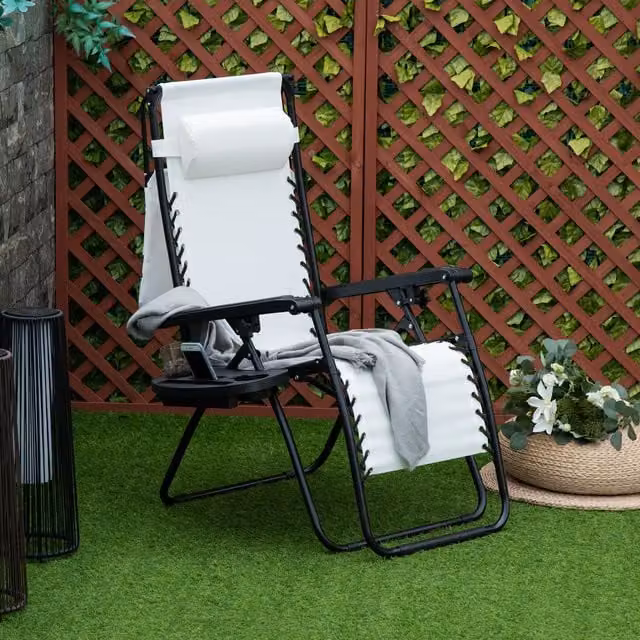 Outsunny Zero Gravity Garden Deck Folding Chair in White with Sun Canopy, Adjustable Headrest and Side Tray