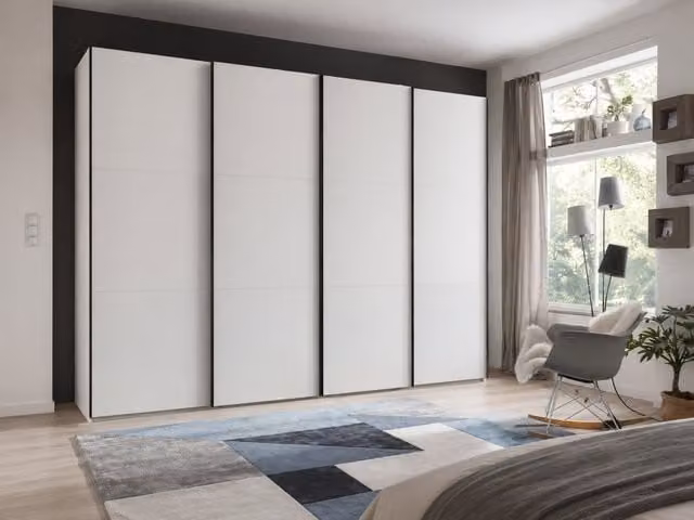 Guardino 4 Door White Sliding Wardrobe with Internal Shelves and Hanging Rod, Width: 300 cm