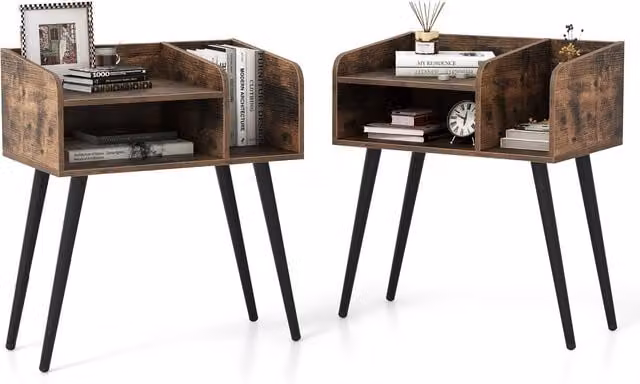 Gymax Set of 2 Brown Mid-Century Modern 2-Tier Bedside Nightstands with Open Shelves