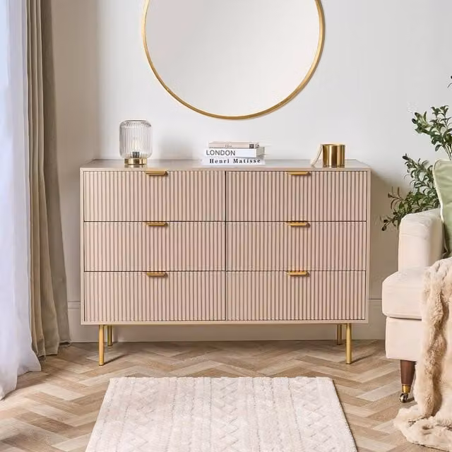 OHS Ribbed 6 Drawer Cabinet Chest of Drawers Sideboard in Natural Sand
