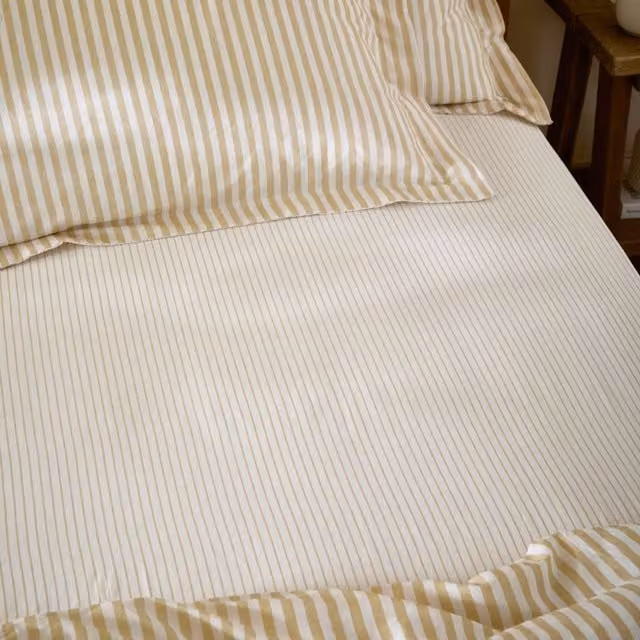 Make It A Home Hebden Melange Stripe Cotton Fitted Sheet, Honey Yellow, W: 140 cm, L: 200 cm