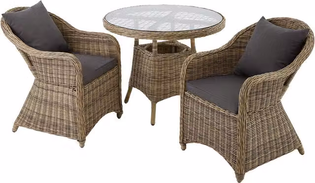 tectake Zurich Rattan Garden Bistro Set with 2 Chairs and 1 Round Glass Table in Beige, Yellow and Brown