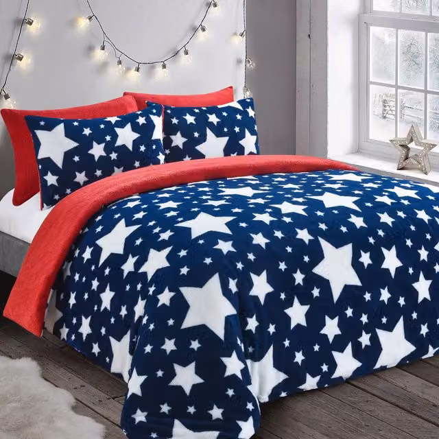 Velosso Galaxy Stars Teddy Soft Cosy Fleece Duvet Set in Navy and Red, W: 180 cm, L: 200 cm