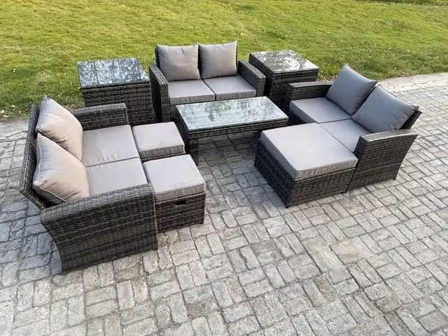 Fimous U Shape Rattan Garden Furniture Set in Dark Grey with Coffee Table, Double Seater Sofa and 3 Footstools