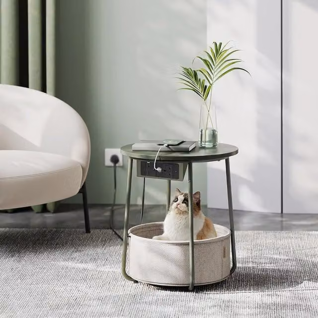 VASAGLE Round Side Table with Charging Station, Power Outlets, USB and Fabric Basket in Dark Olive Green
