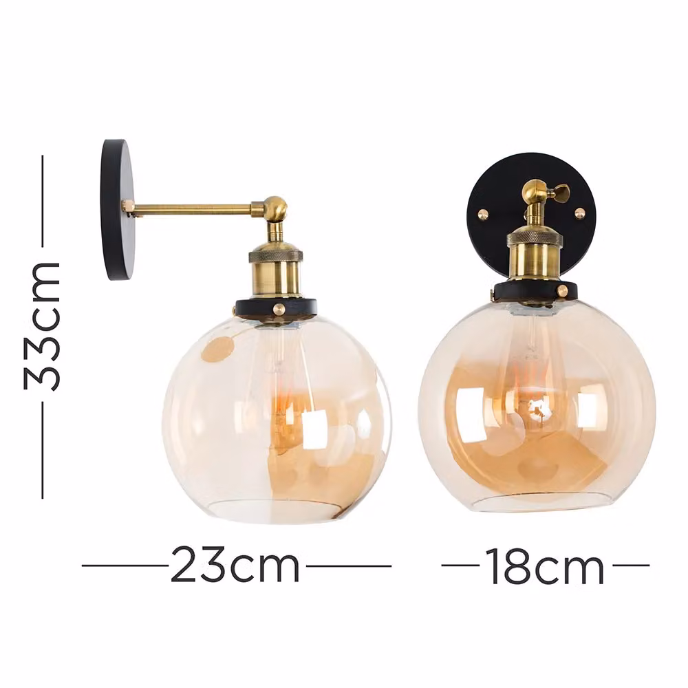 ValueLights Sheridan Pair of Industrial Round Clear Glass Bowl Wall Lights with Gold Trim and LED Bulbs in Black and Orange – 2