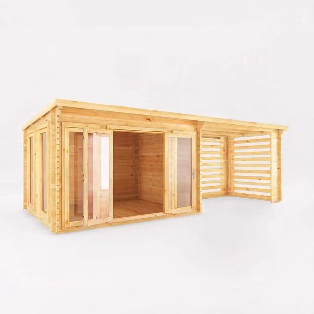 Mercia Studio Pent 28 mm Log Cabin with Slatted Area in Tan, W: 691 cm, D: 333.5 cm, H: 249.4 cm