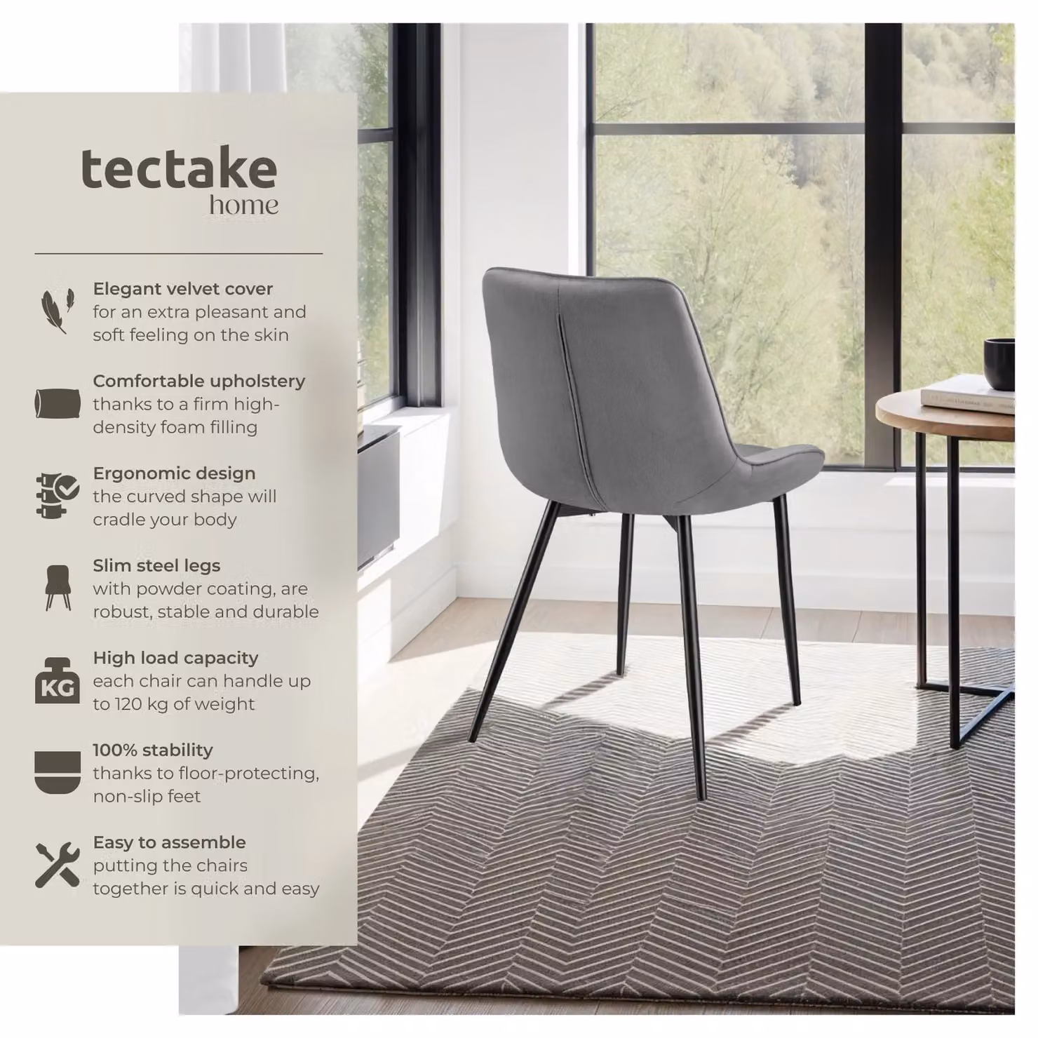tectake Monroe Set of 4 Grey Velvet Upholstered Dining Chairs – 2