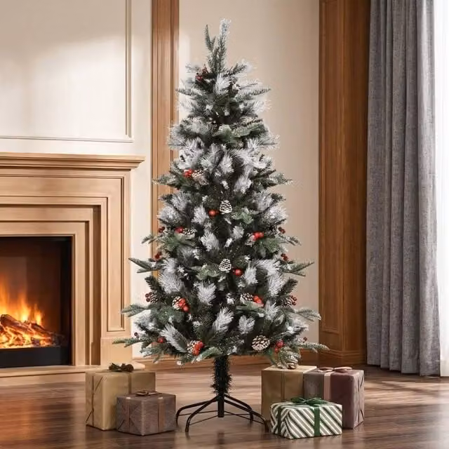 STILVORA Artificial Christmas Tree with Berries and Cones, Green, Red and White, Height: 150 cm