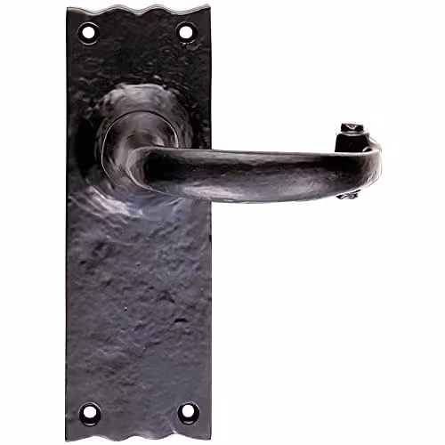 Loops Pair Forged Curved Lever Handles on Latch Backplate, Black Antique, W: 15.5 cm, H: 5.4 cm