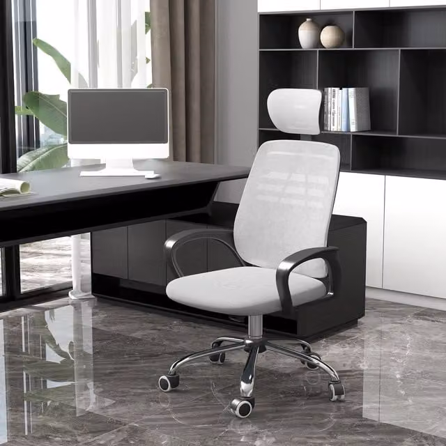 Vinsetto Grey and White Fabric Mesh Swivel Task Chair with Rotatable Headrest and Armrests