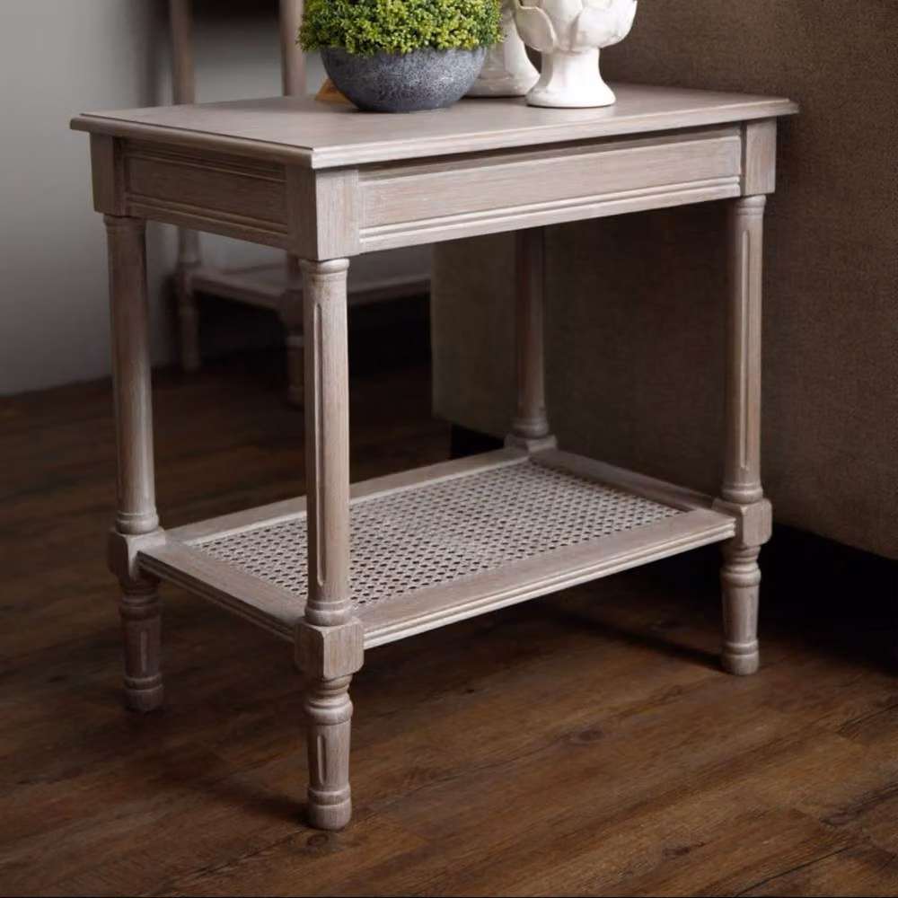 Wyld Haus Laurelbrook Grey Wood Side Table with Rattan Shelf, W/D/H: 40 x 40 x 60 cm – 4