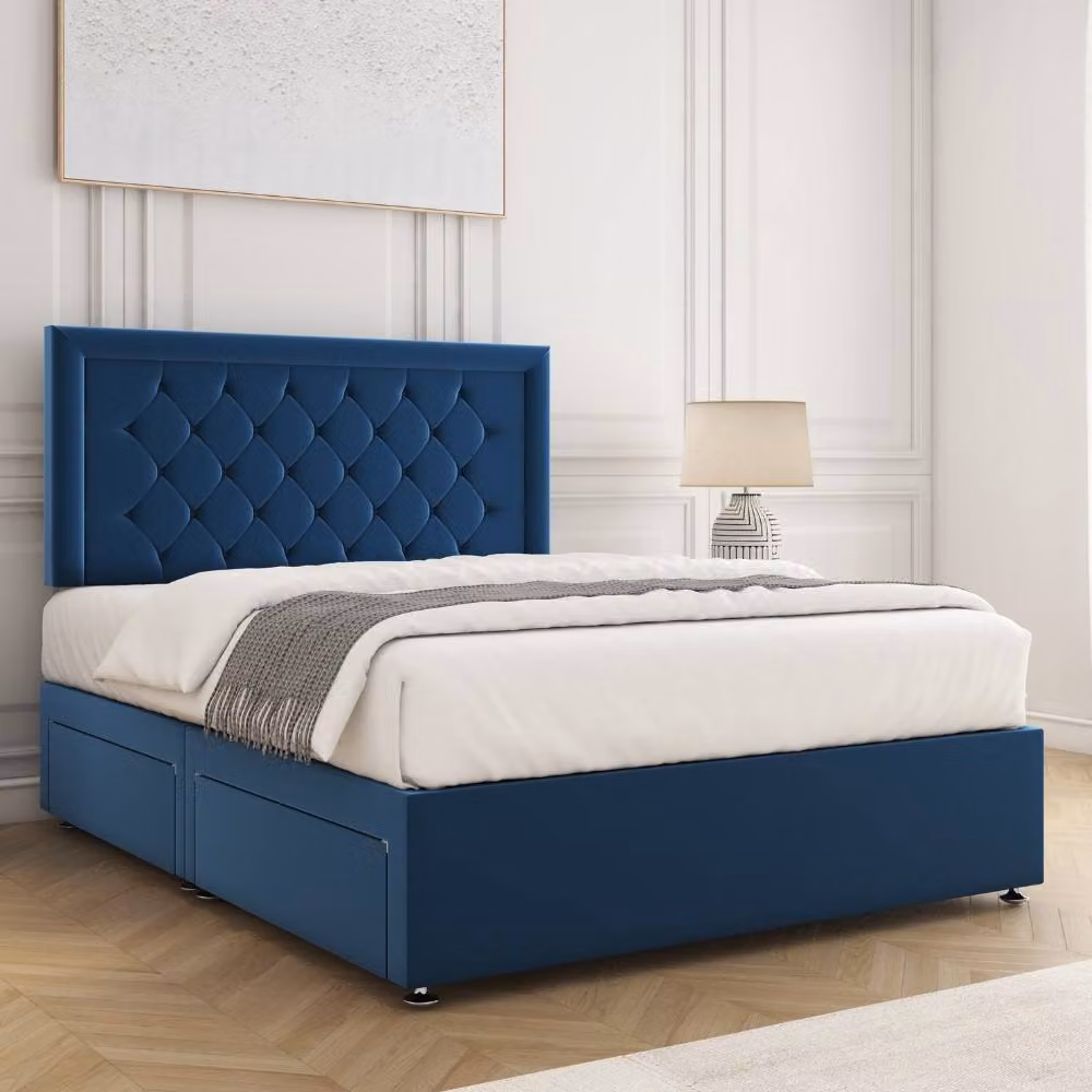 BSSPOKE Nova Plush Velvet Divan Bed Set with 24 inch Headboard and Mattress in Blue, Single, W/D/H: 90 x 190 cm – 2