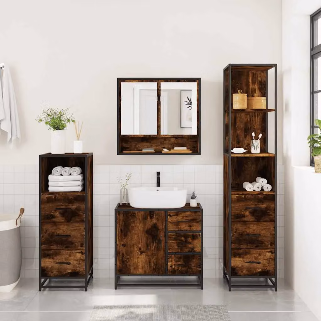Berkfield Home 4-Piece Industrial Bathroom Furniture Set in Smoked Oak Brown – 3