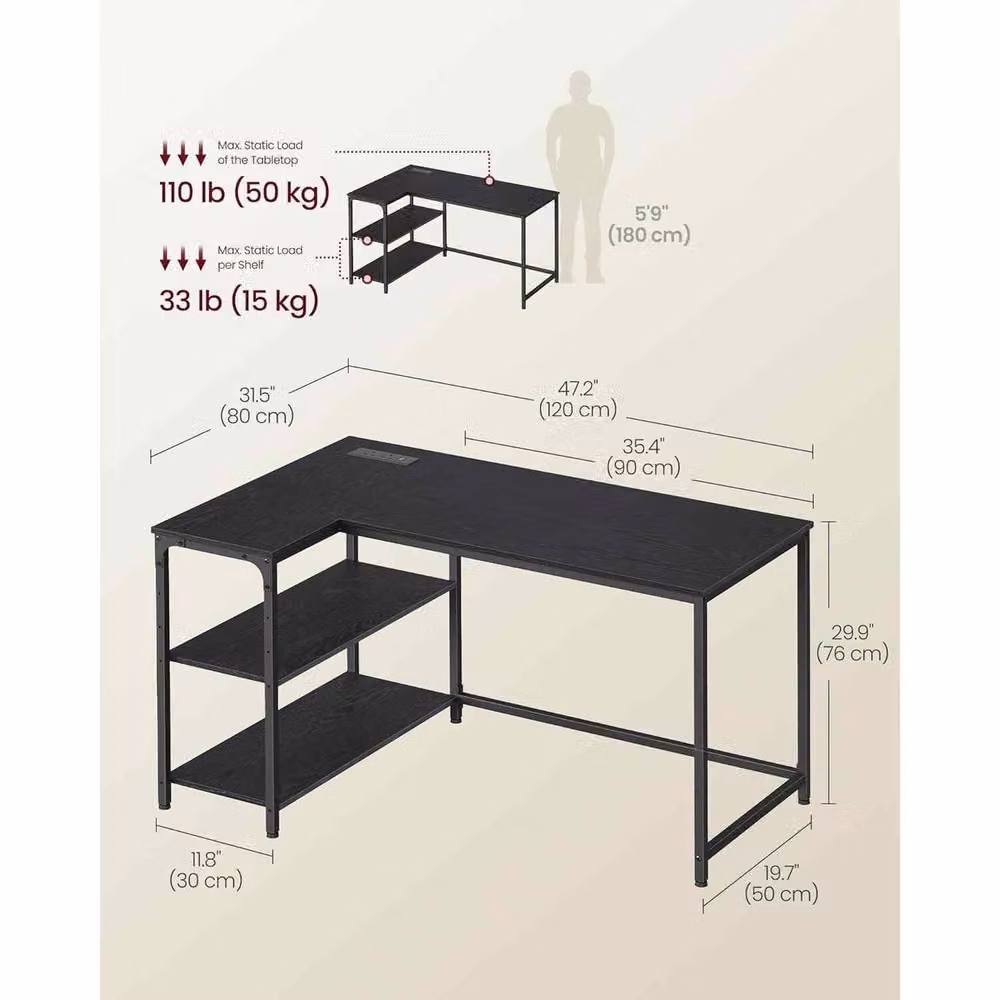 The Bazaarist L-Shaped Corner Computer Desk with Power Outlets in Jet Black – 3