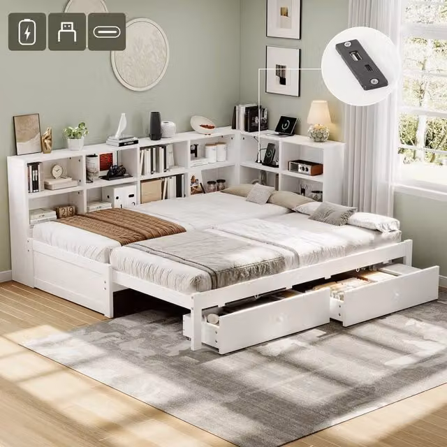 Rolipo White Solid Wood Convertible Daybed with Storage Drawers and USB Charging Port, W/D/H: 140 x 200 cm – 1