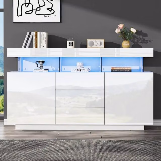 Rolipo White High Gloss Modern Sideboard Buffet Cabinet with Integrated LED Lighting and 3 Drawers – 1