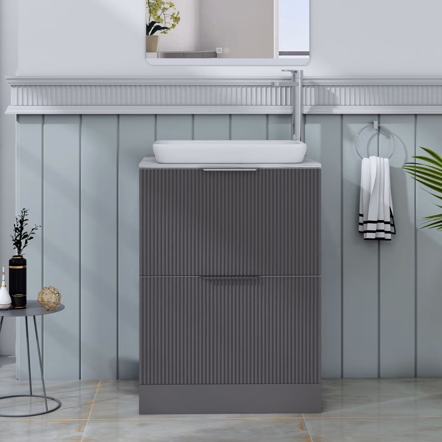 Royal Bathrooms Evora 600mm Graphite Grey Fluted Floor Standing Countertop Vanity Unit with 2 Drawers and Qubix Basin