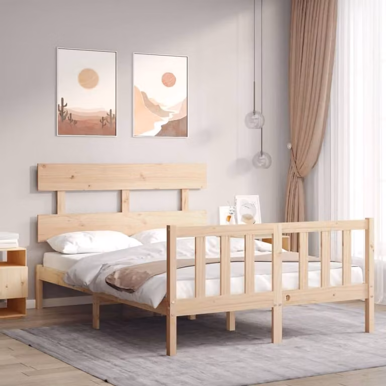 Berkfield Home Beautiful Bed Frame with Headboard in Natural Solid Pine, W/D/H: 140 x 190 x 81 cm